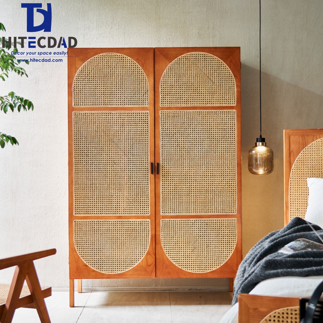 Armoire 2 portes en rotin à motif demi-cercle en bois brun chaud, style rétro wabi-sabi, respirante, pour chambre à coucher HTD-F560 1