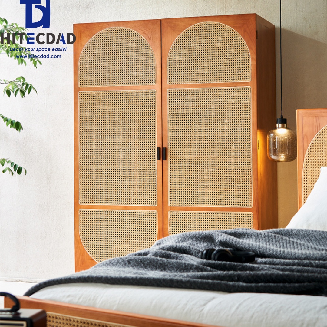 Armoire 2 portes en rotin à motif demi-cercle en bois brun chaud, style rétro wabi-sabi, respirante, pour chambre à coucher HTD-F560 2