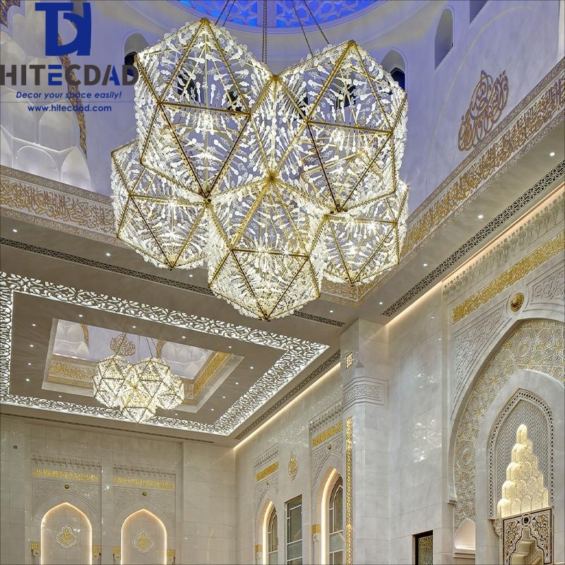 Lámpara de araña geométrica de cristal de múltiples caras personalizable, gran lámpara de ingeniería de estilo de Oriente Medio para mezquitas y vestíbulos de hoteles HTD-ICMLA70 1