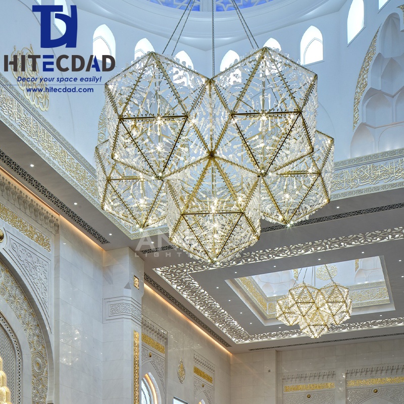 Lámpara de araña geométrica de cristal de múltiples caras personalizable, gran lámpara de ingeniería de estilo de Oriente Medio para mezquitas y vestíbulos de hoteles HTD-ICMLA70 3