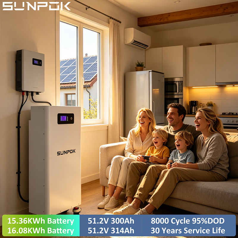 SUNPOK 51.2V 300Ah/314Ah بطارية تخزين الطاقة الشمسية LiFePO4 الأرضية الدائمة 15.36kWh/16.08kWh