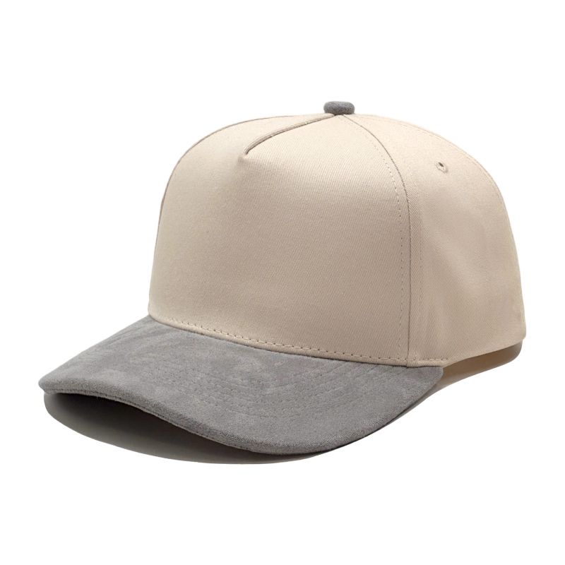 Off-white baseball cap with a gray curved brim and matching top button