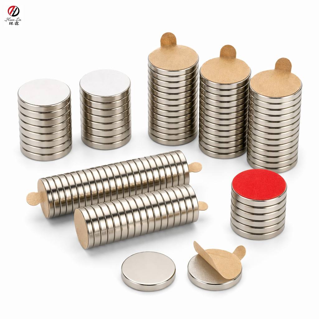 Starke runde Scheibenmagnete aus Neodym (N35, N42, N52) mit selbstklebender Rückseite – ideal für Heimwerkerprojekte im Büro oder Zuhause. 2