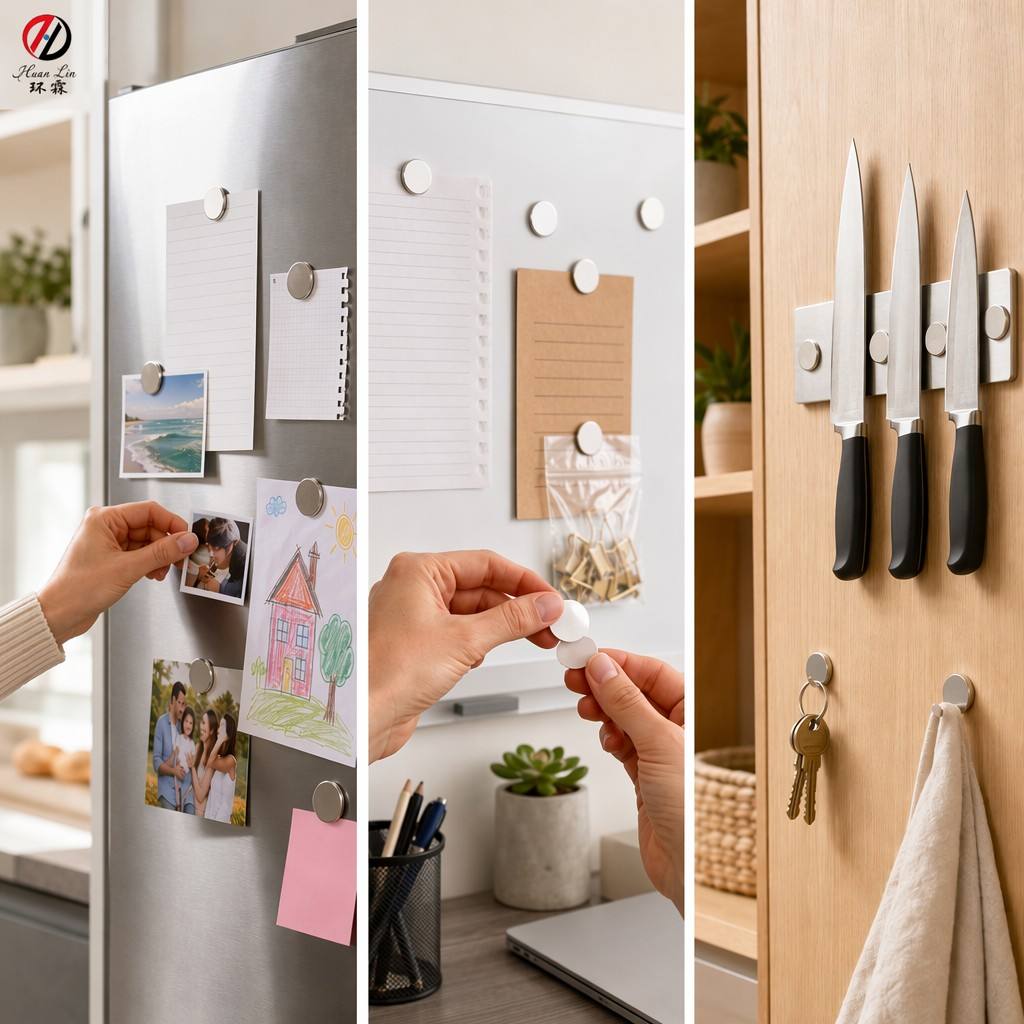 Starke runde Scheibenmagnete aus Neodym (N35, N42, N52) mit selbstklebender Rückseite – ideal für Heimwerkerprojekte im Büro oder Zuhause. 3