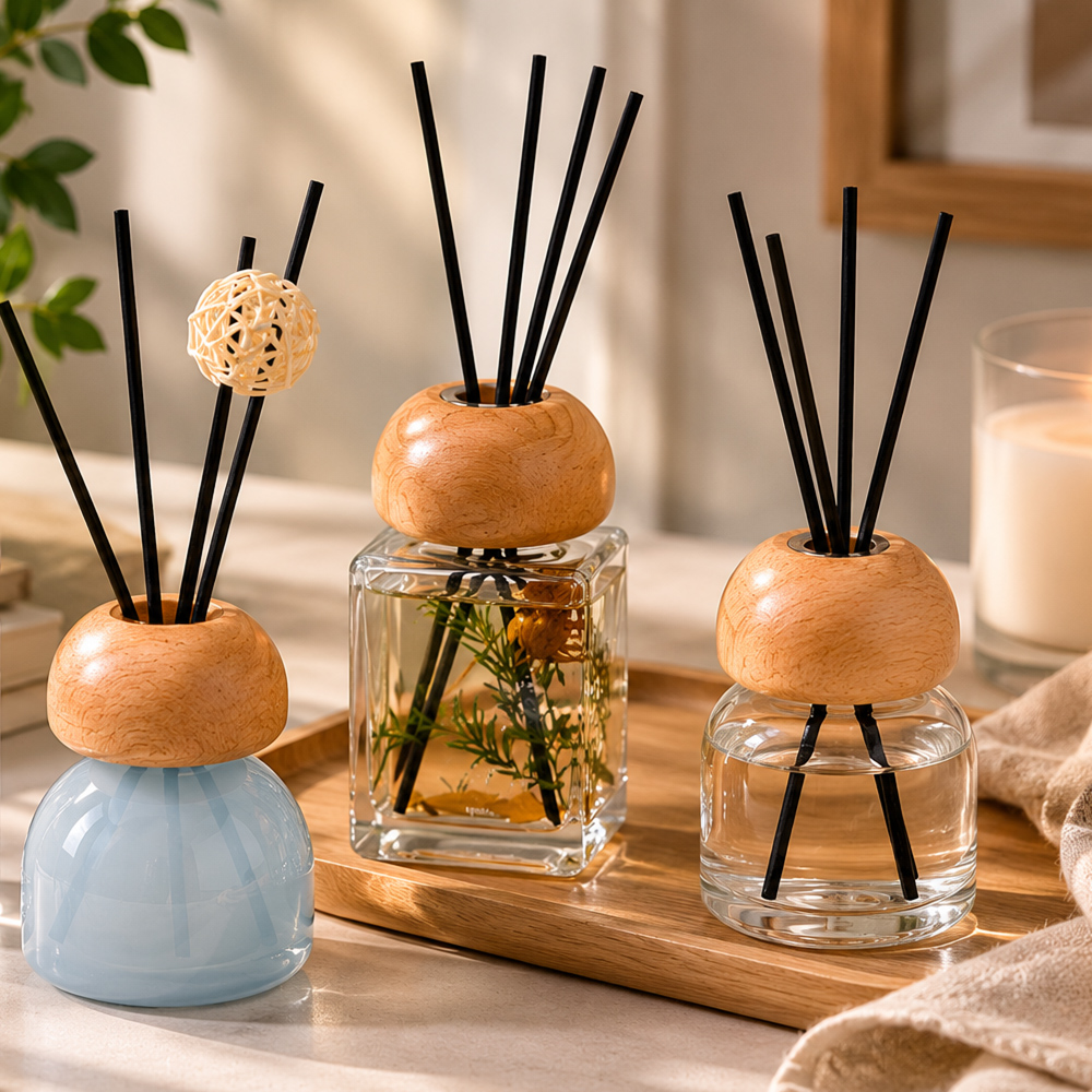 Tapas de madera para difusores de varillas, bambú, nogal y haya, grabadas con láser a medida para envases de fragancias para el hogar | Fabricante de fábrica 4