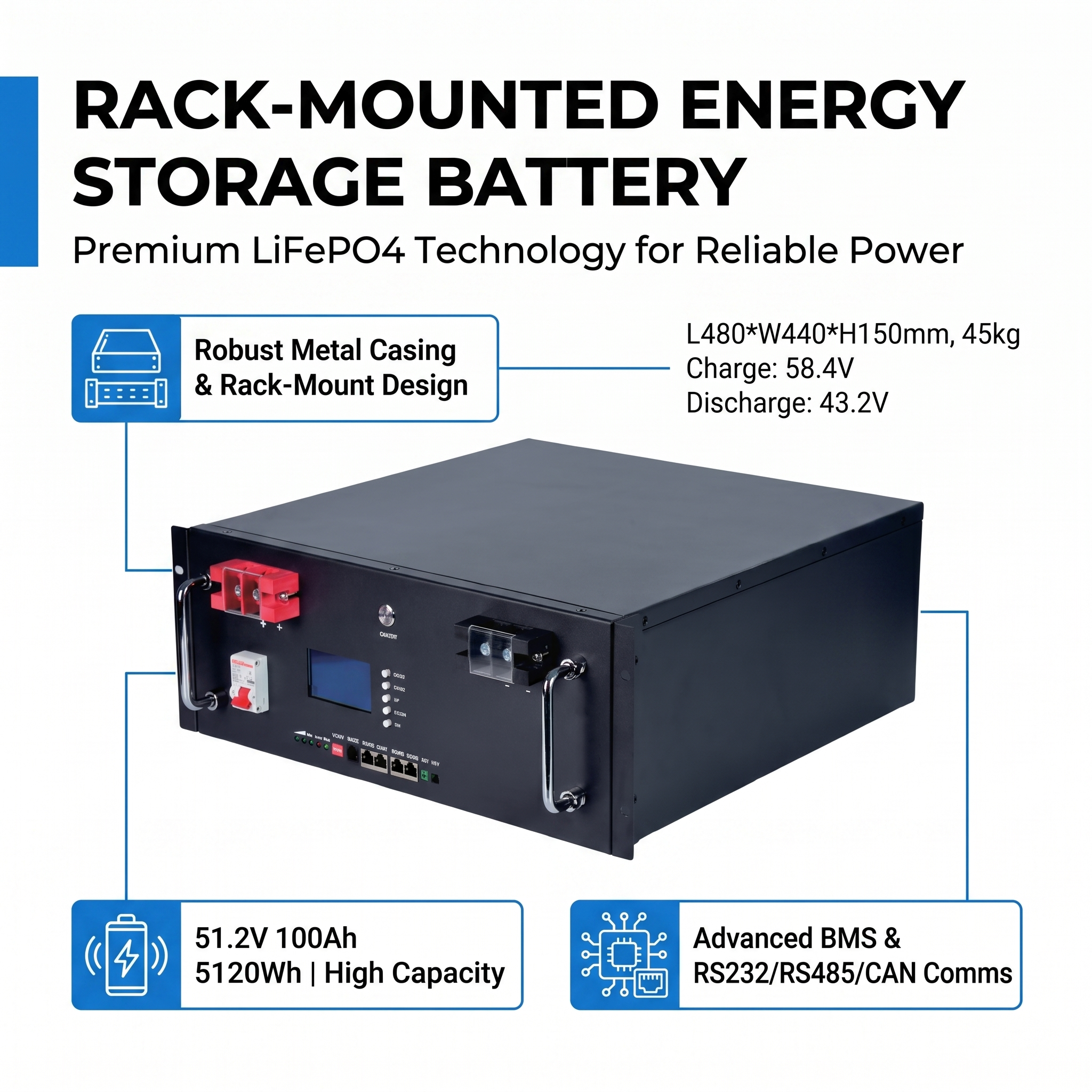 Batería de almacenamiento de energía solar para montaje en rack de 51,2 V, 100 Ah y 5,12 kWh 4