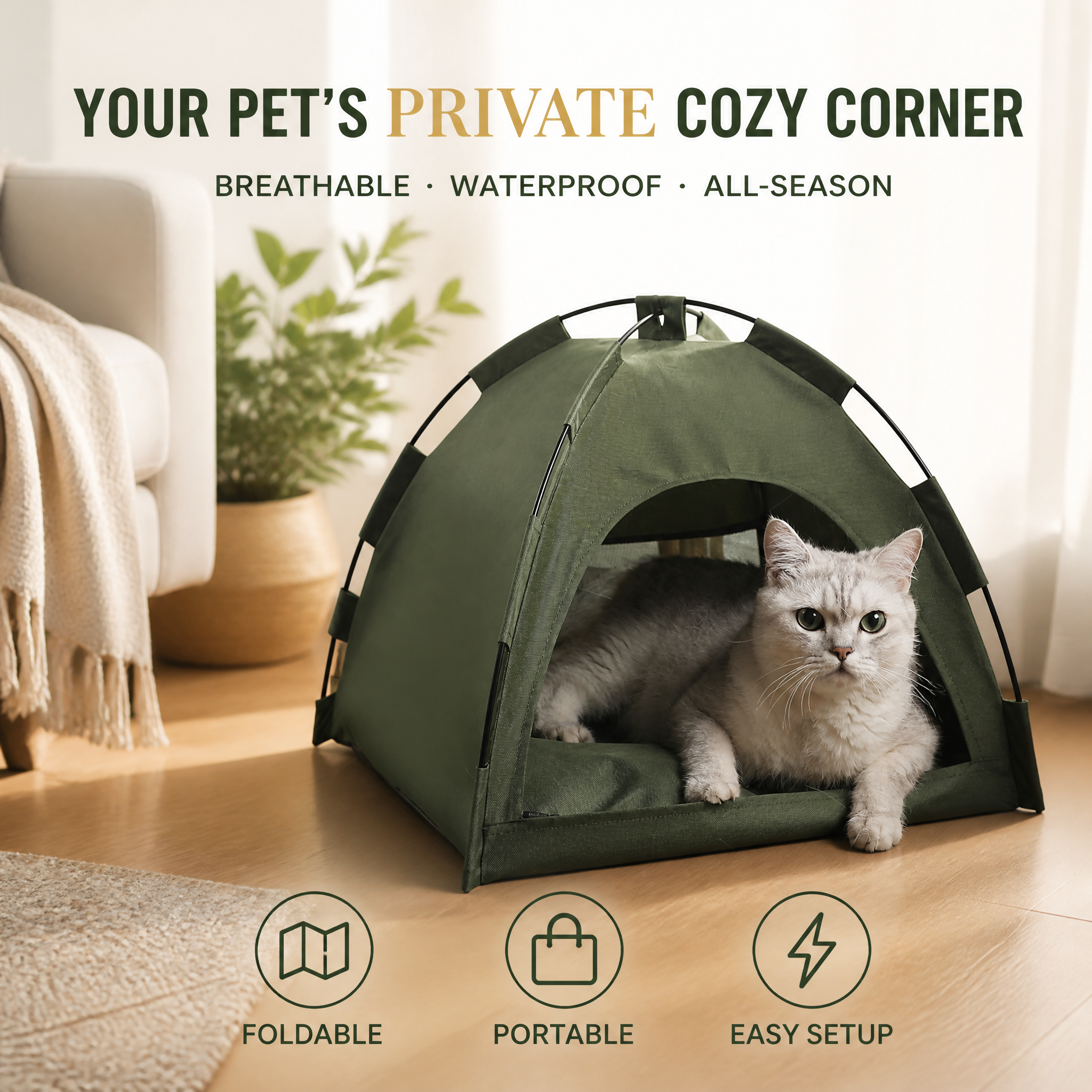 ROADREIGN - Tente pliable pour animaux de compagnie — Nid douillet en forme de dôme pour chats et petits chiens, en polyester respirant toutes saisons avec coussin rembourré, se plie à plat pour les voyages 3