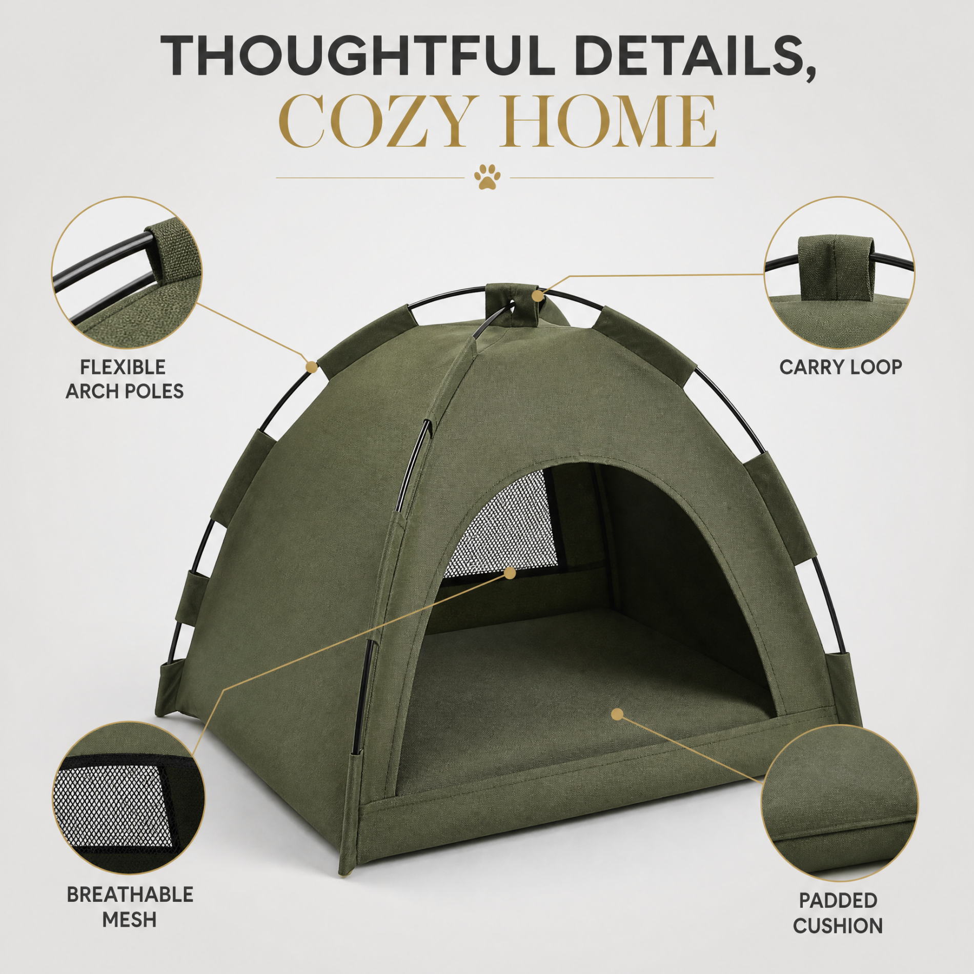 ROADREIGN - Tente pliable pour animaux de compagnie — Nid douillet en forme de dôme pour chats et petits chiens, en polyester respirant toutes saisons avec coussin rembourré, se plie à plat pour les voyages 4