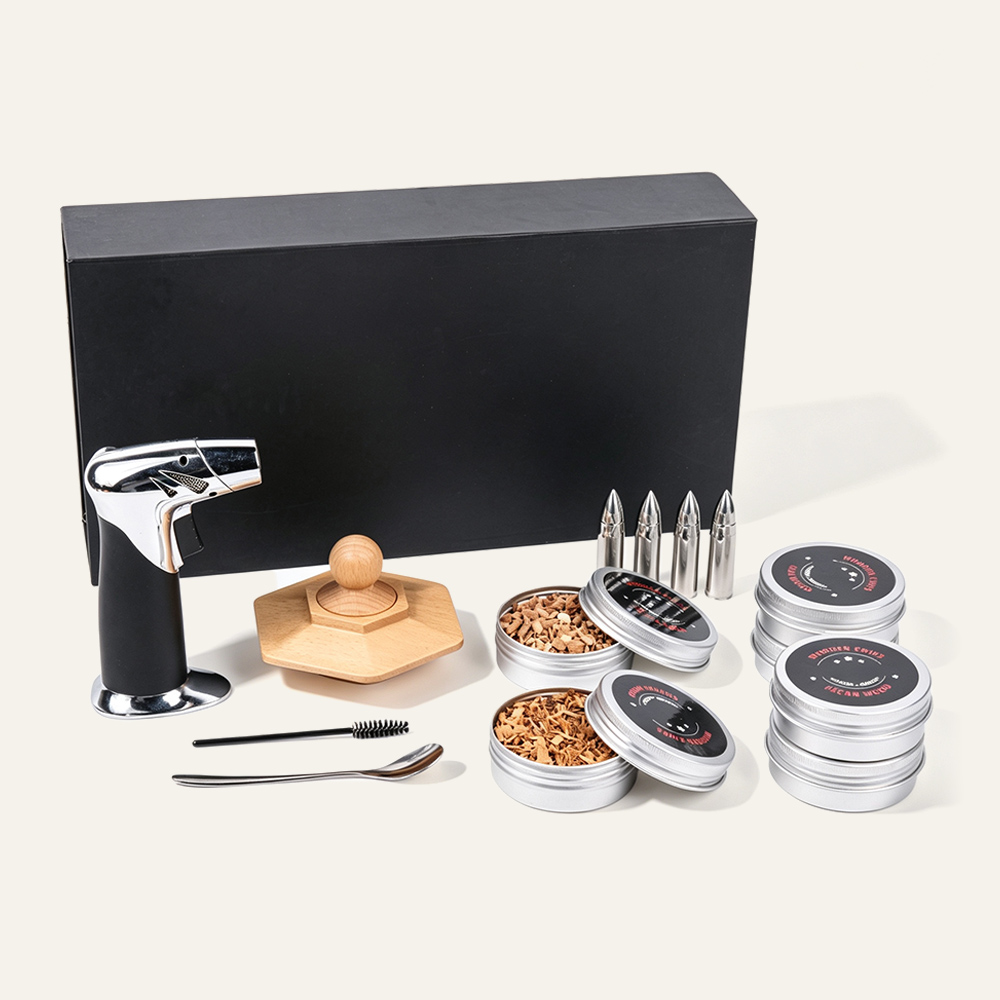 Paquete de regalo de ahumador de cócteles de madera de haya con forma de paraguas, con virutas de madera aromática surtidas, marca personalizable grabada con láser, herramienta para ahumar whisky y cócteles artesanales. Proveedor mayorista. 1