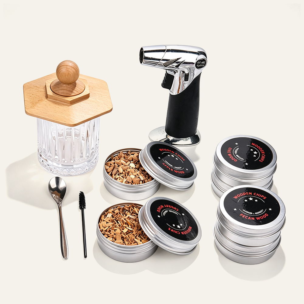 Paquete de regalo de ahumador de cócteles de madera de haya con forma de paraguas, con virutas de madera aromática surtidas, marca personalizable grabada con láser, herramienta para ahumar whisky y cócteles artesanales. Proveedor mayorista. 3