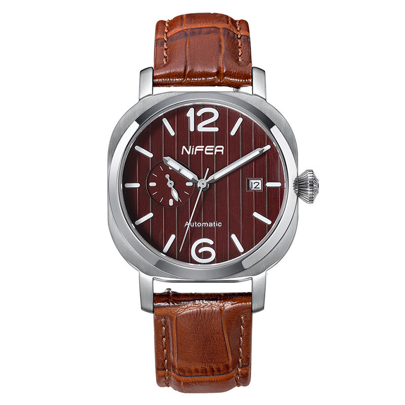 Nifer Automatische Herrenuhr, quadratisches blaues Zifferblatt, Lederarmband, mechanische Armbanduhr mit Datumsanzeige 1