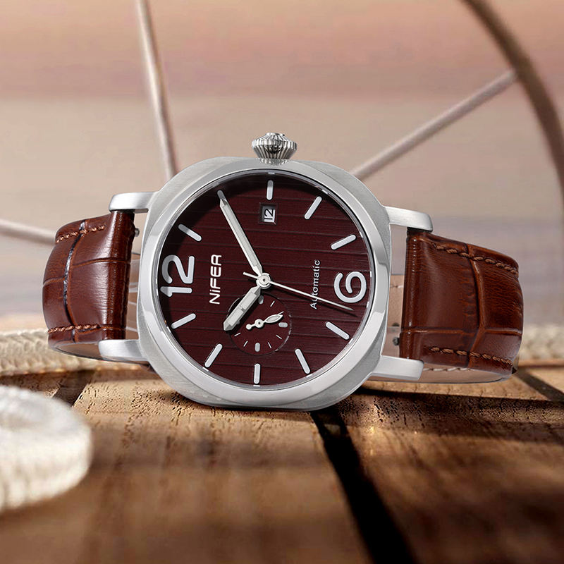 Nifer Automatische Herrenuhr, quadratisches blaues Zifferblatt, Lederarmband, mechanische Armbanduhr mit Datumsanzeige 2