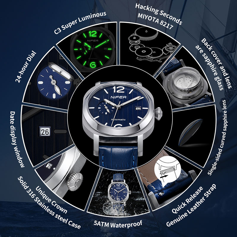 Nifer Automatische Herrenuhr, quadratisches blaues Zifferblatt, Lederarmband, mechanische Armbanduhr mit Datumsanzeige 5