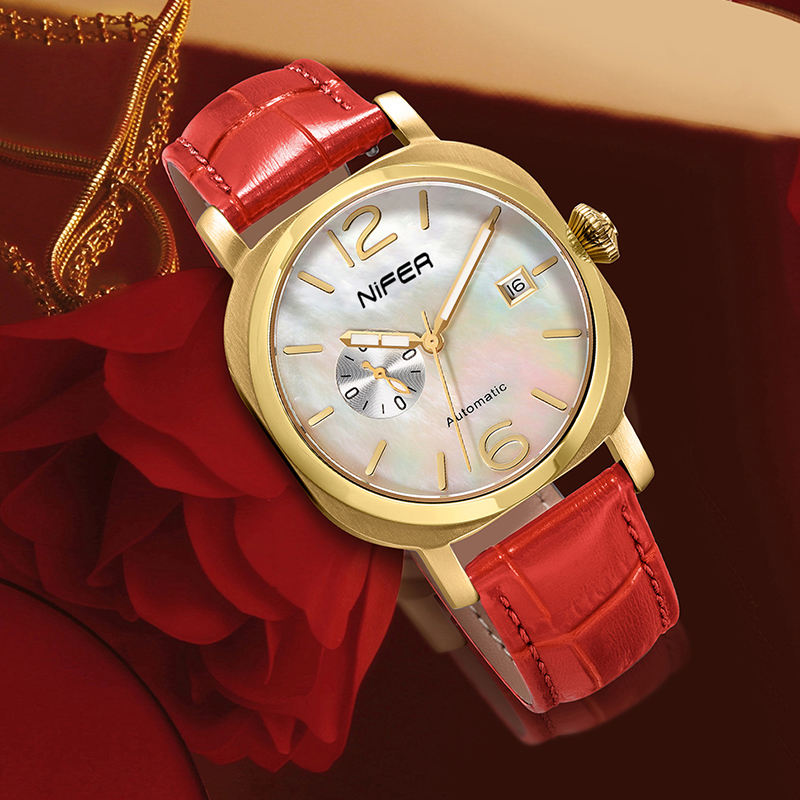 Nifer Automatische Herrenuhr, quadratisches blaues Zifferblatt, Lederarmband, mechanische Armbanduhr mit Datumsanzeige 6