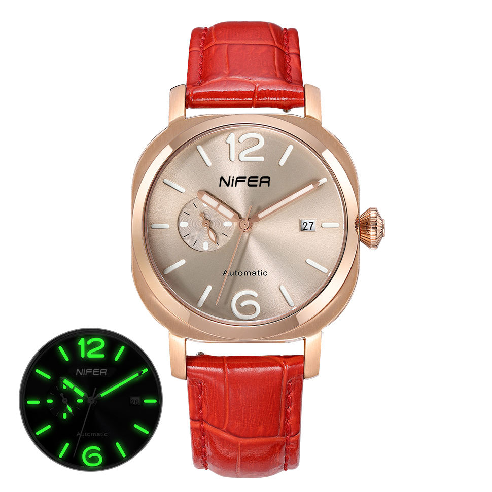 Nifer Automatische Herrenuhr, quadratisches blaues Zifferblatt, Lederarmband, mechanische Armbanduhr mit Datumsanzeige 7