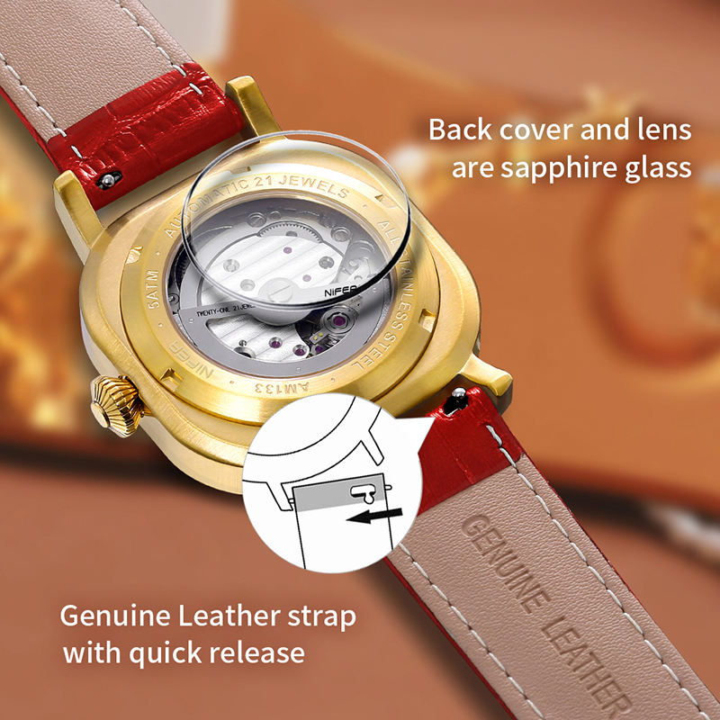 Nifer Automatische Herrenuhr, quadratisches blaues Zifferblatt, Lederarmband, mechanische Armbanduhr mit Datumsanzeige 9