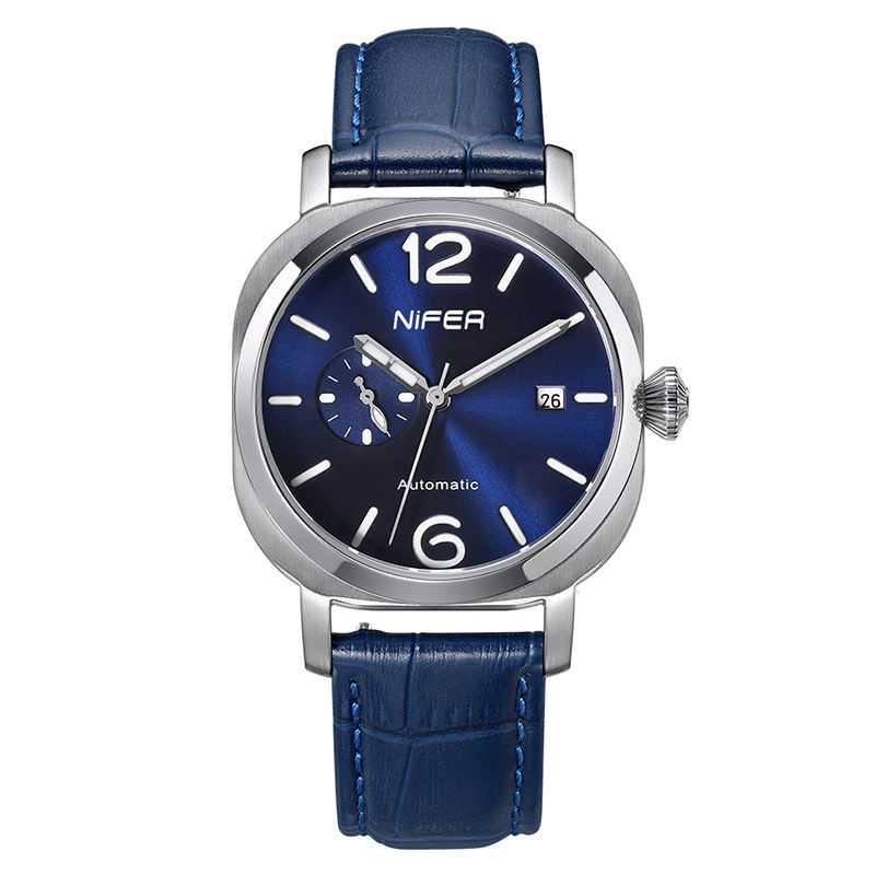 Nifer Automatische Herrenuhr, quadratisches blaues Zifferblatt, Lederarmband, mechanische Armbanduhr mit Datumsanzeige 13