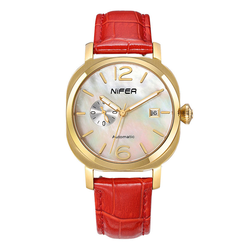Nifer Automatische Herrenuhr, quadratisches blaues Zifferblatt, Lederarmband, mechanische Armbanduhr mit Datumsanzeige 15