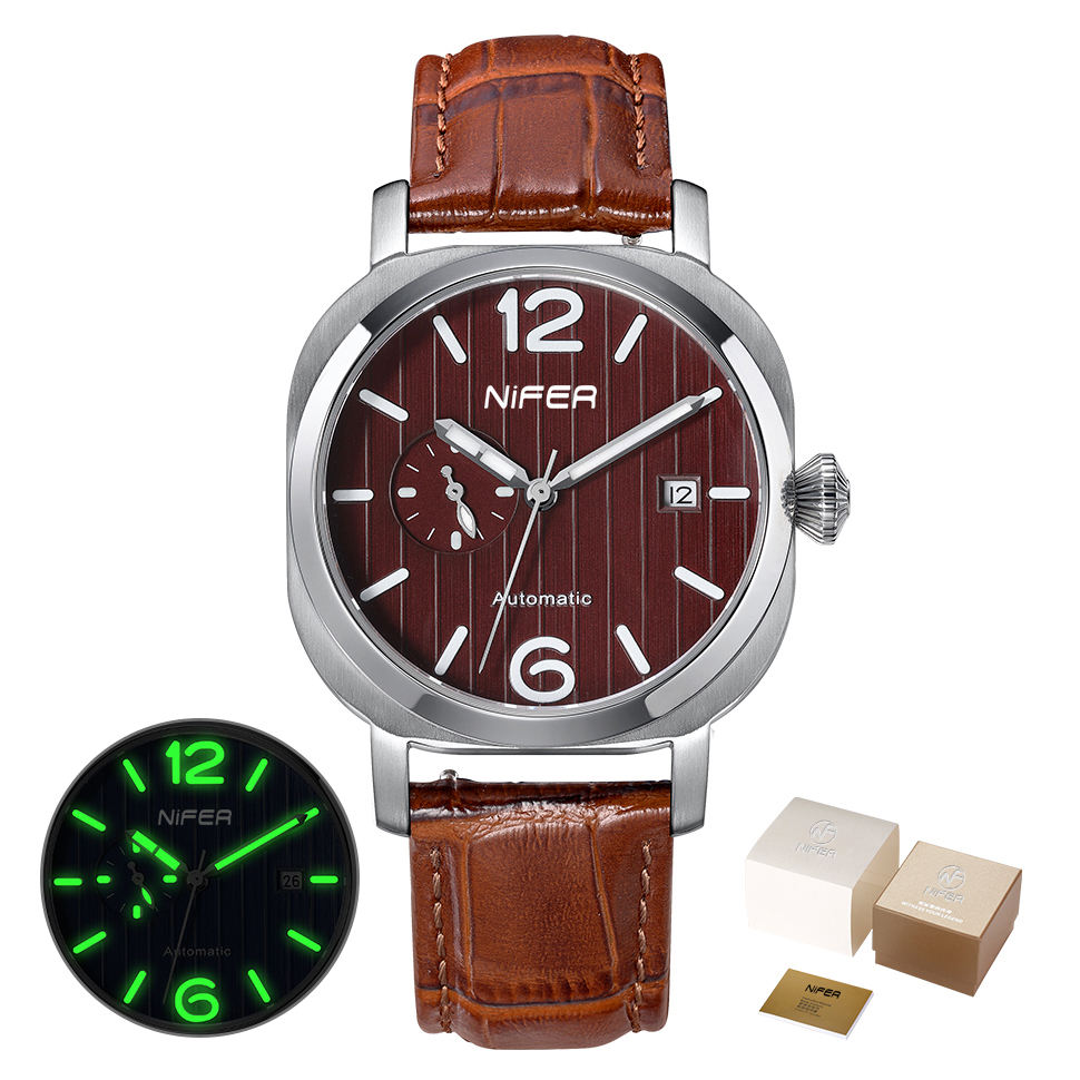 Nifer Automatische Herrenuhr, quadratisches blaues Zifferblatt, Lederarmband, mechanische Armbanduhr mit Datumsanzeige 16