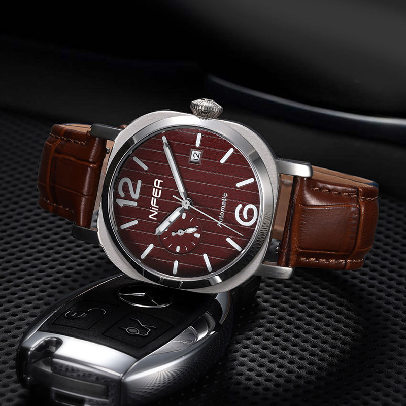 Nifer Automatische Herrenuhr, quadratisches blaues Zifferblatt, Lederarmband, mechanische Armbanduhr mit Datumsanzeige 19