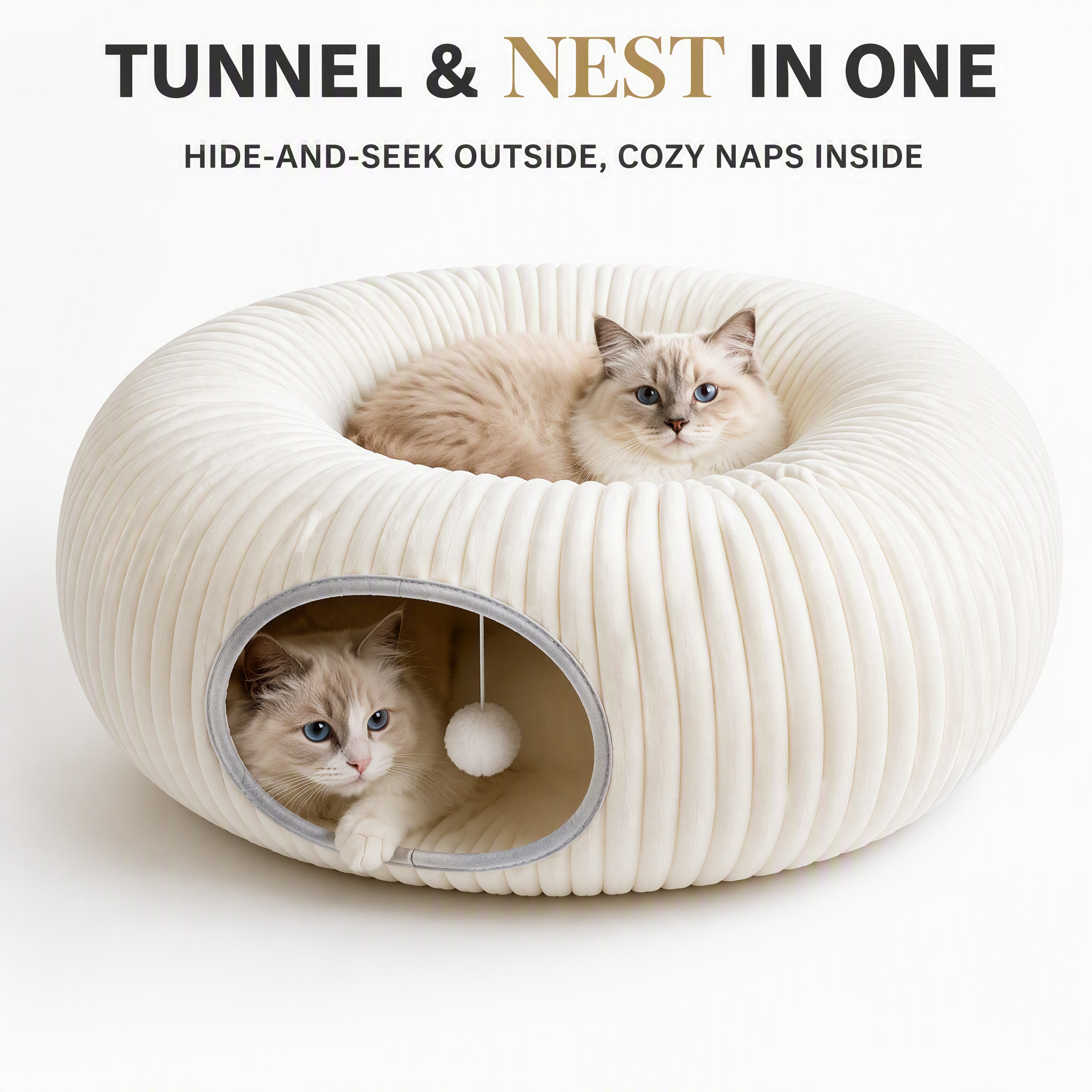 ROADREIGN Semi-Enclosed Donut Cat Tunnel & Bed — Cloud-Soft Accordion-Ribbed Plush Hideout with Sunken Nest & Pom-Pom Toy, Removable Center Cushion, Zip-Open Foldable Design 2