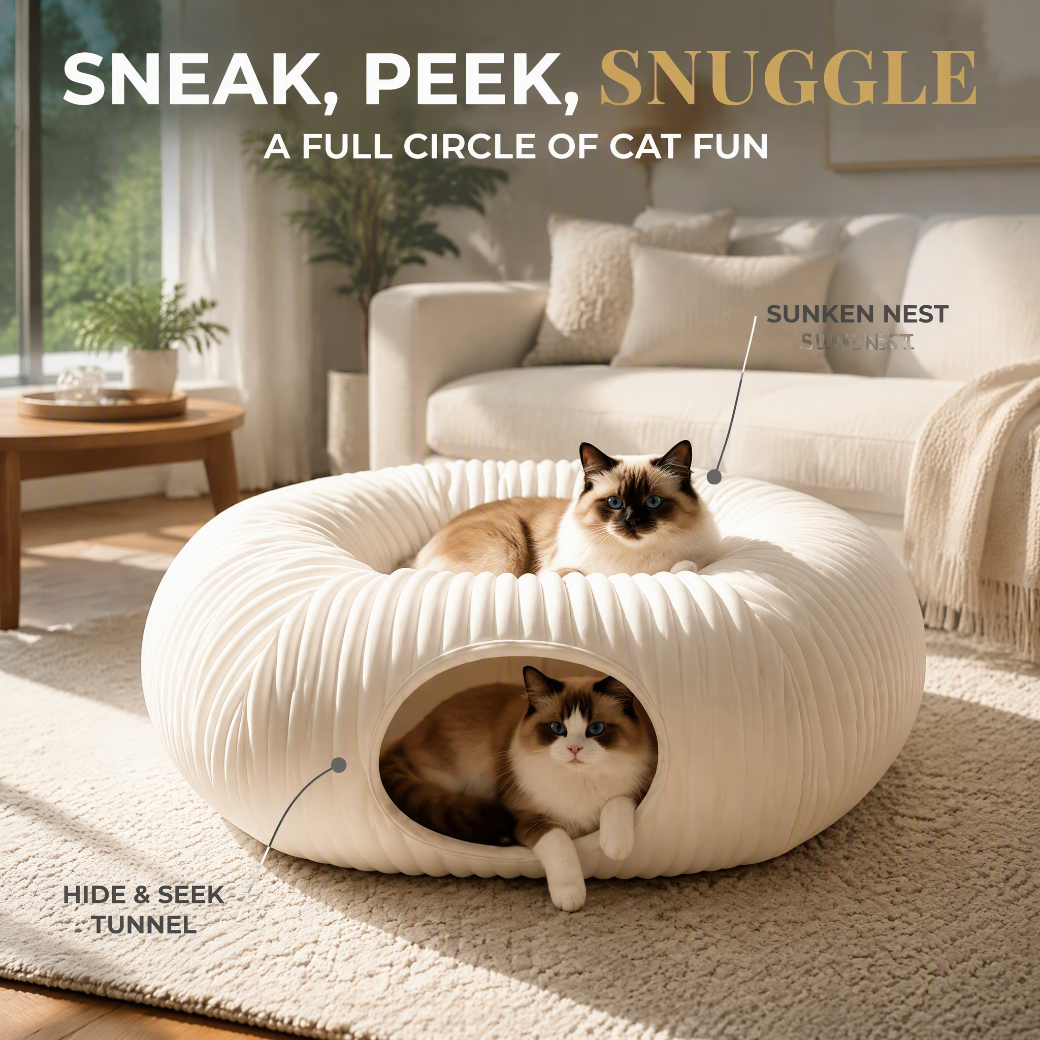 ROADREIGN Semi-Enclosed Donut Cat Tunnel & Bed — Cloud-Soft Accordion-Ribbed Plush Hideout with Sunken Nest & Pom-Pom Toy, Removable Center Cushion, Zip-Open Foldable Design 3