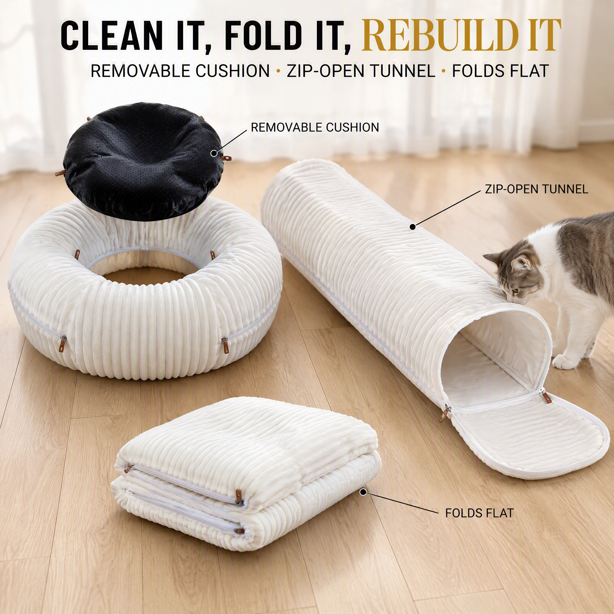 ROADREIGN Semi-Enclosed Donut Cat Tunnel & Bed — Cloud-Soft Accordion-Ribbed Plush Hideout with Sunken Nest & Pom-Pom Toy, Removable Center Cushion, Zip-Open Foldable Design 5