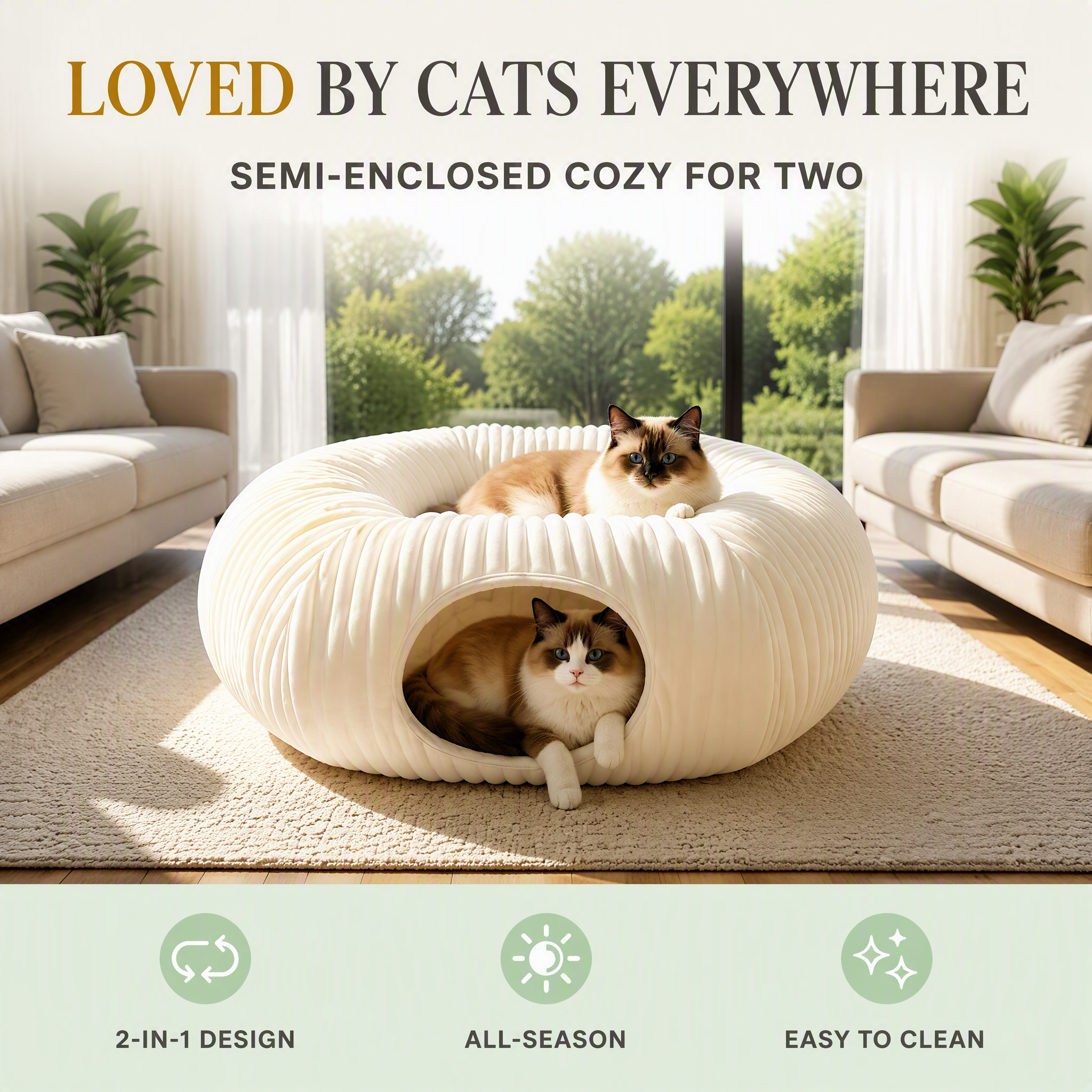 ROADREIGN Semi-Enclosed Donut Cat Tunnel & Bed — Cloud-Soft Accordion-Ribbed Plush Hideout with Sunken Nest & Pom-Pom Toy, Removable Center Cushion, Zip-Open Foldable Design 7