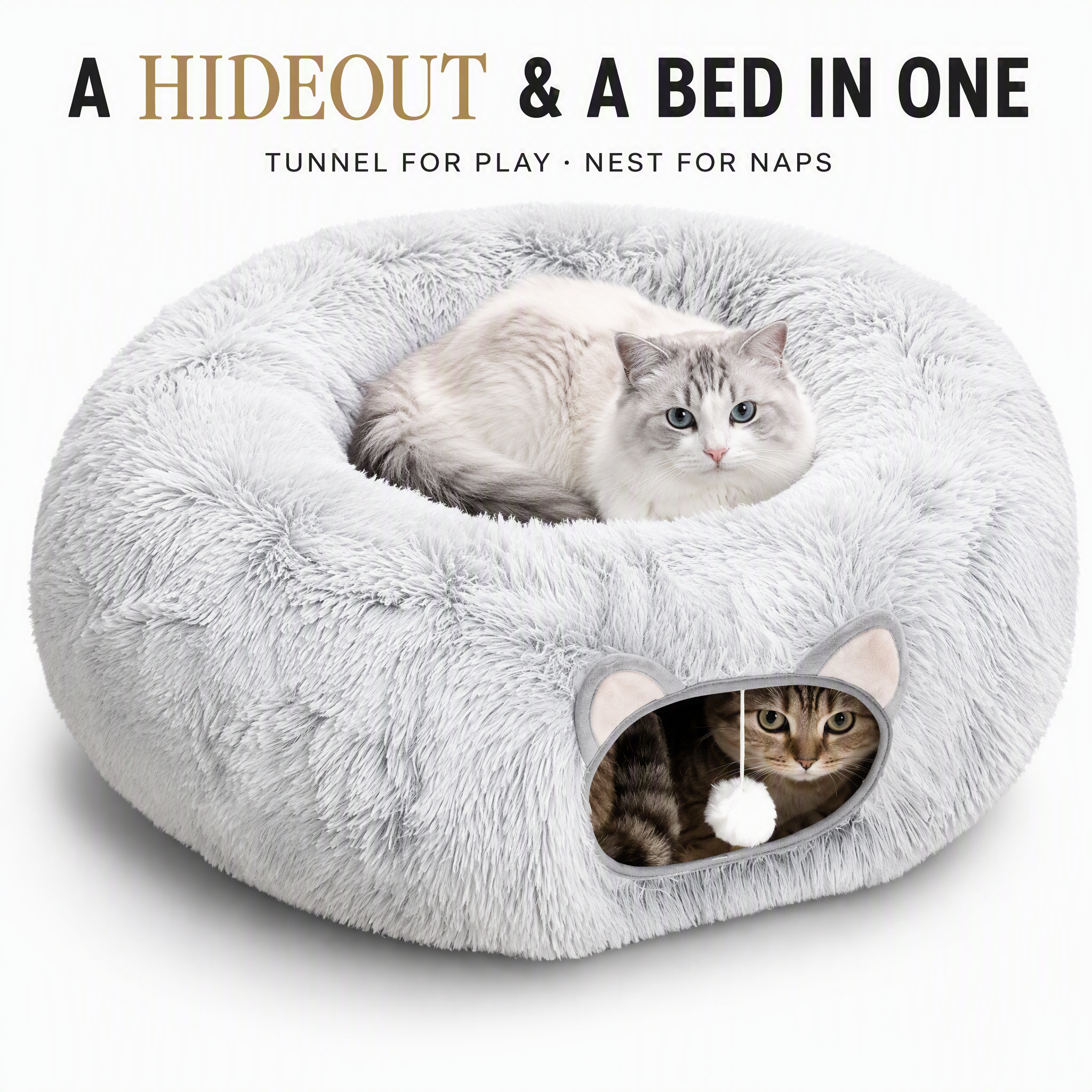 ROADREIGN Tunnel et lit pour chat 2 en 1 — Cachette en forme de donut avec peluche douce à poils longs, entrée en forme d'oreilles de chat et jouet pompon, nid central encastré, base antidérapante 1