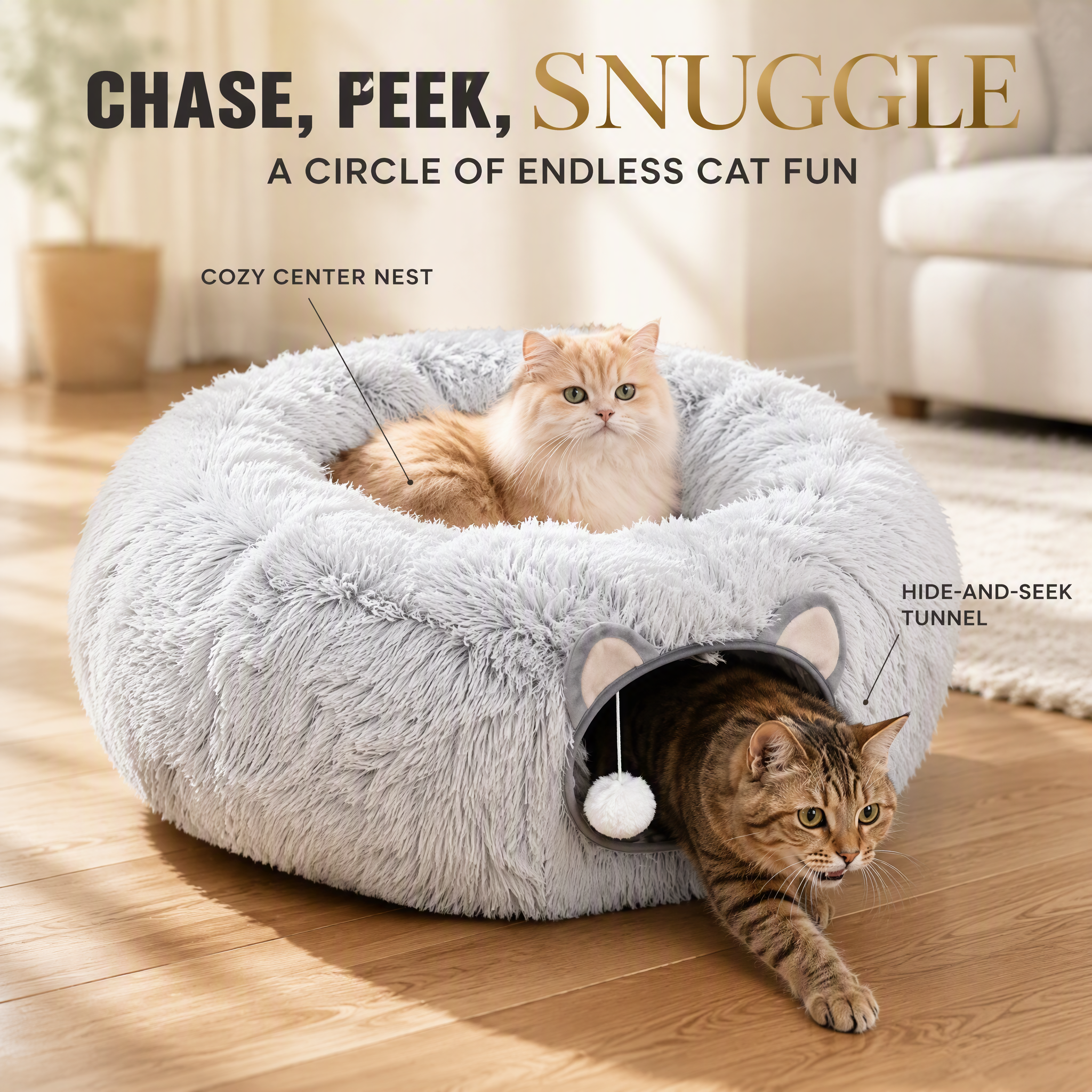 ROADREIGN Tunnel et lit pour chat 2 en 1 — Cachette en forme de donut avec peluche douce à poils longs, entrée en forme d'oreilles de chat et jouet pompon, nid central encastré, base antidérapante 2