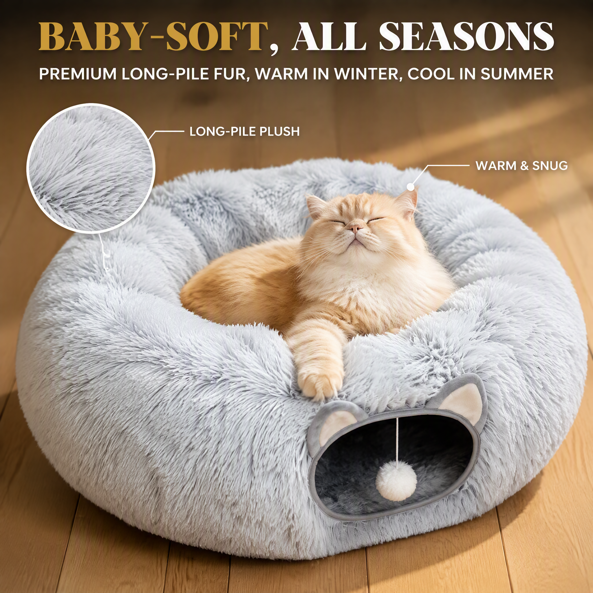 ROADREIGN Tunnel et lit pour chat 2 en 1 — Cachette en forme de donut avec peluche douce à poils longs, entrée en forme d'oreilles de chat et jouet pompon, nid central encastré, base antidérapante 3