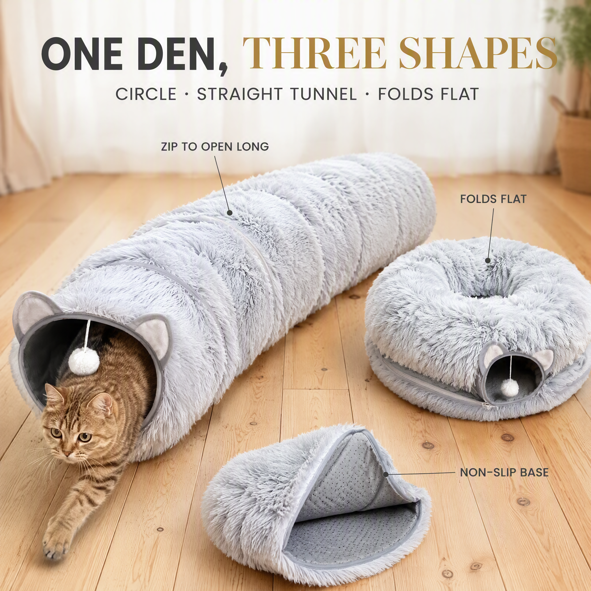 ROADREIGN Tunnel et lit pour chat 2 en 1 — Cachette en forme de donut avec peluche douce à poils longs, entrée en forme d'oreilles de chat et jouet pompon, nid central encastré, base antidérapante 4