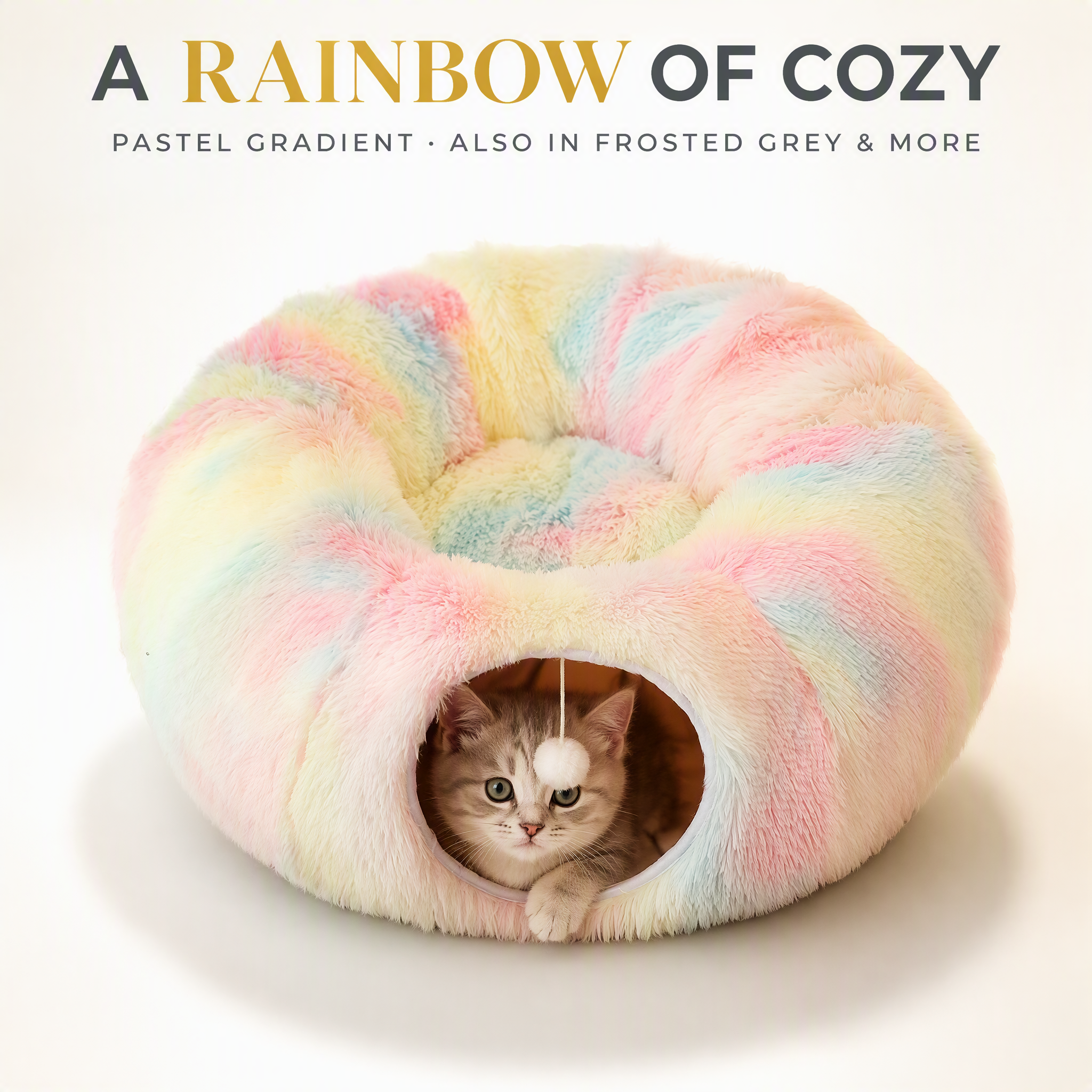 ROADREIGN Tunnel et lit pour chat 2 en 1 — Cachette en forme de donut avec peluche douce à poils longs, entrée en forme d'oreilles de chat et jouet pompon, nid central encastré, base antidérapante 5