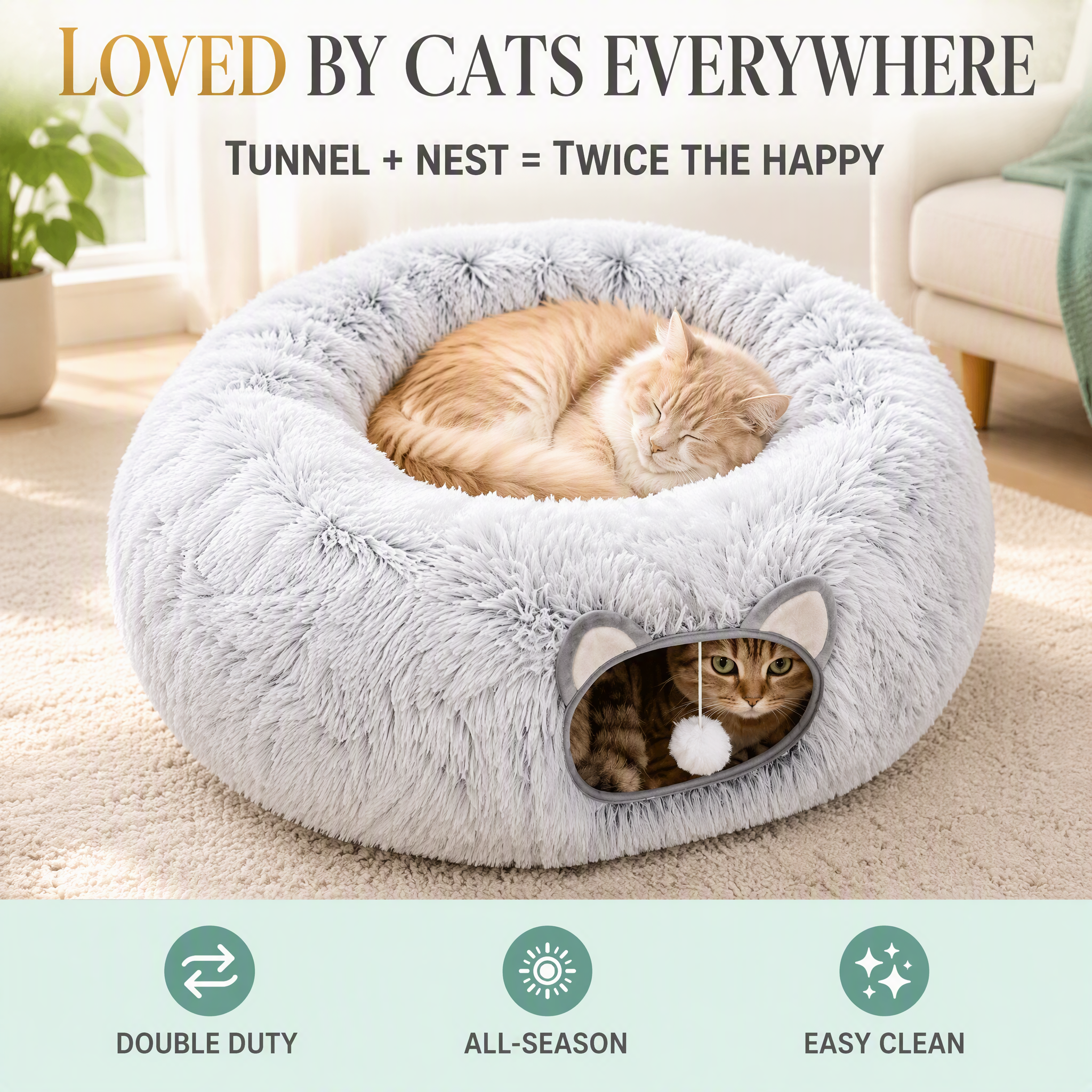 ROADREIGN Tunnel et lit pour chat 2 en 1 — Cachette en forme de donut avec peluche douce à poils longs, entrée en forme d'oreilles de chat et jouet pompon, nid central encastré, base antidérapante 6