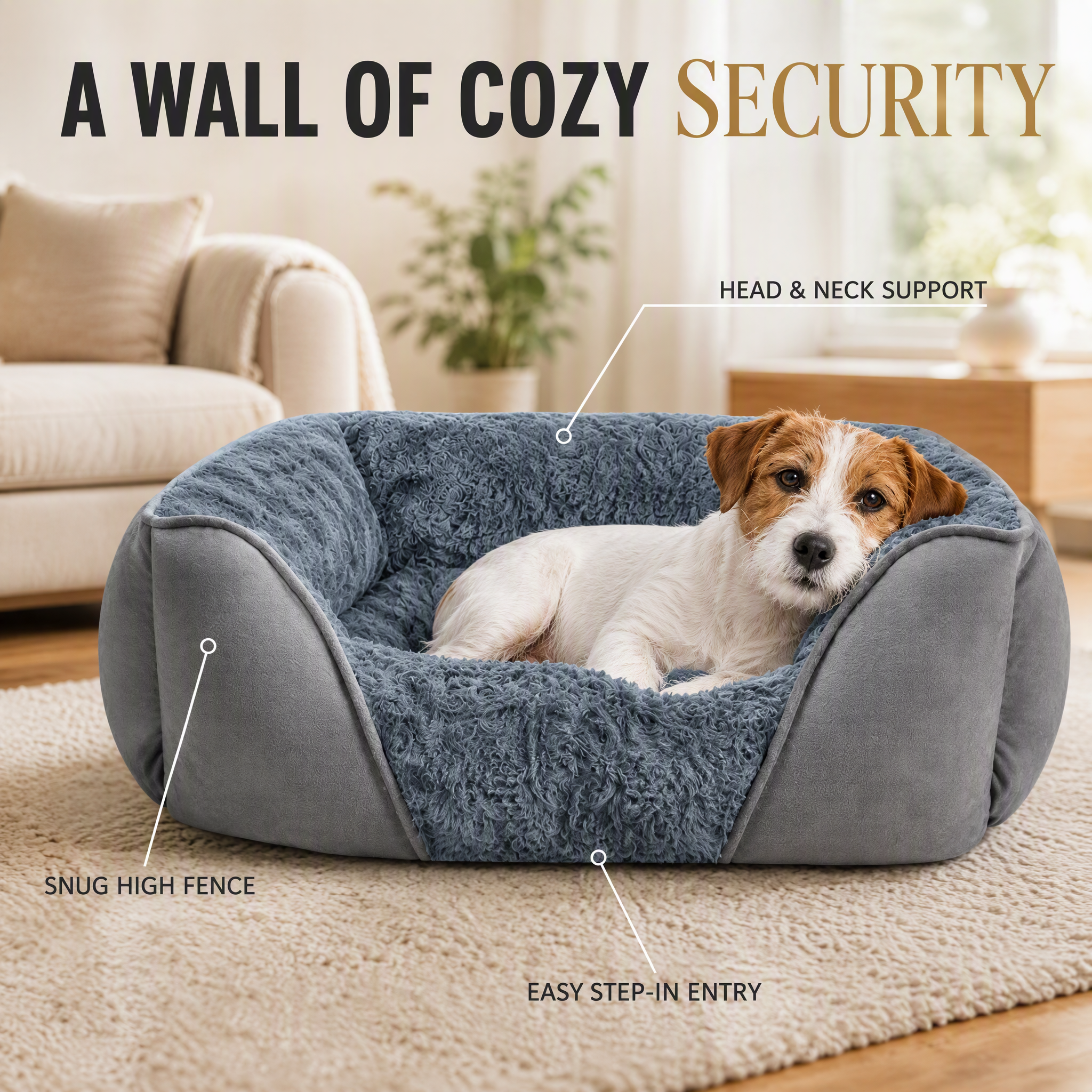 ROADREIGN High-Fence Sofa Pet Bed for Dogs & Cats — Rose-Swirl Plush Bolster Nest with Cozy Suede Shell & Thick PP-Cotton Fill, Head-Supporting High Walls, Non-Slip Machine-Washable 3