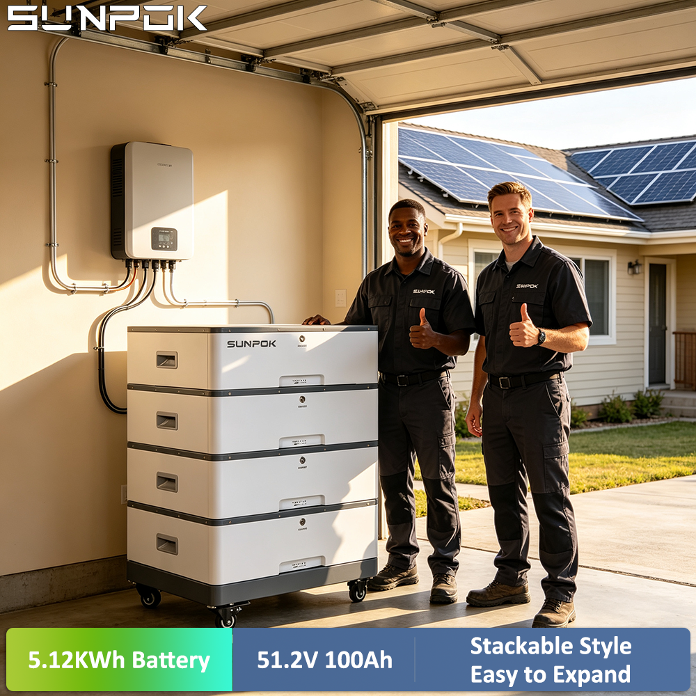 بطارية SUNPOK 51.2 فولت 100 أمبير قابلة للتكديس من نوع LiFePO4 | سعة تخزين طاقة شمسية منزلية 5.12 كيلو واط ساعة 1
