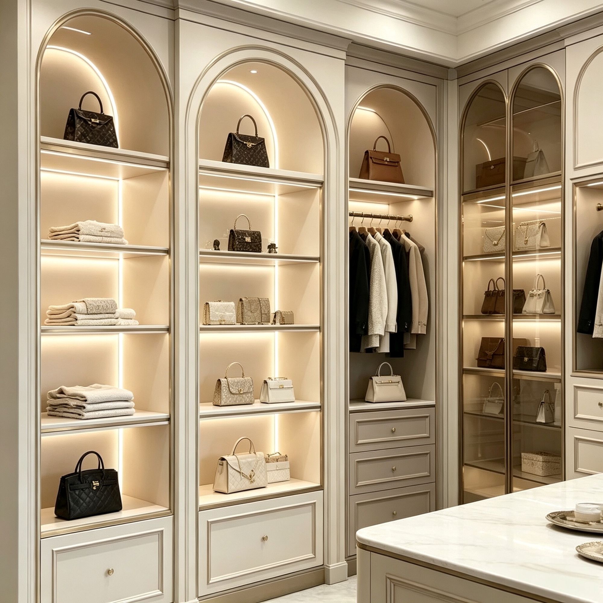 French arched walk in closet open shelves 
