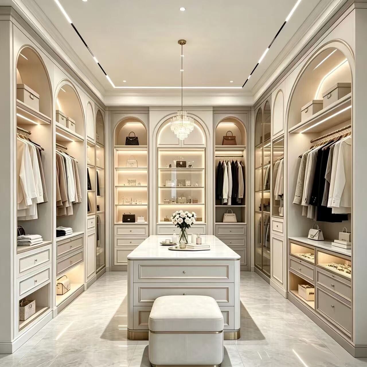 French arched walk in closet with island 