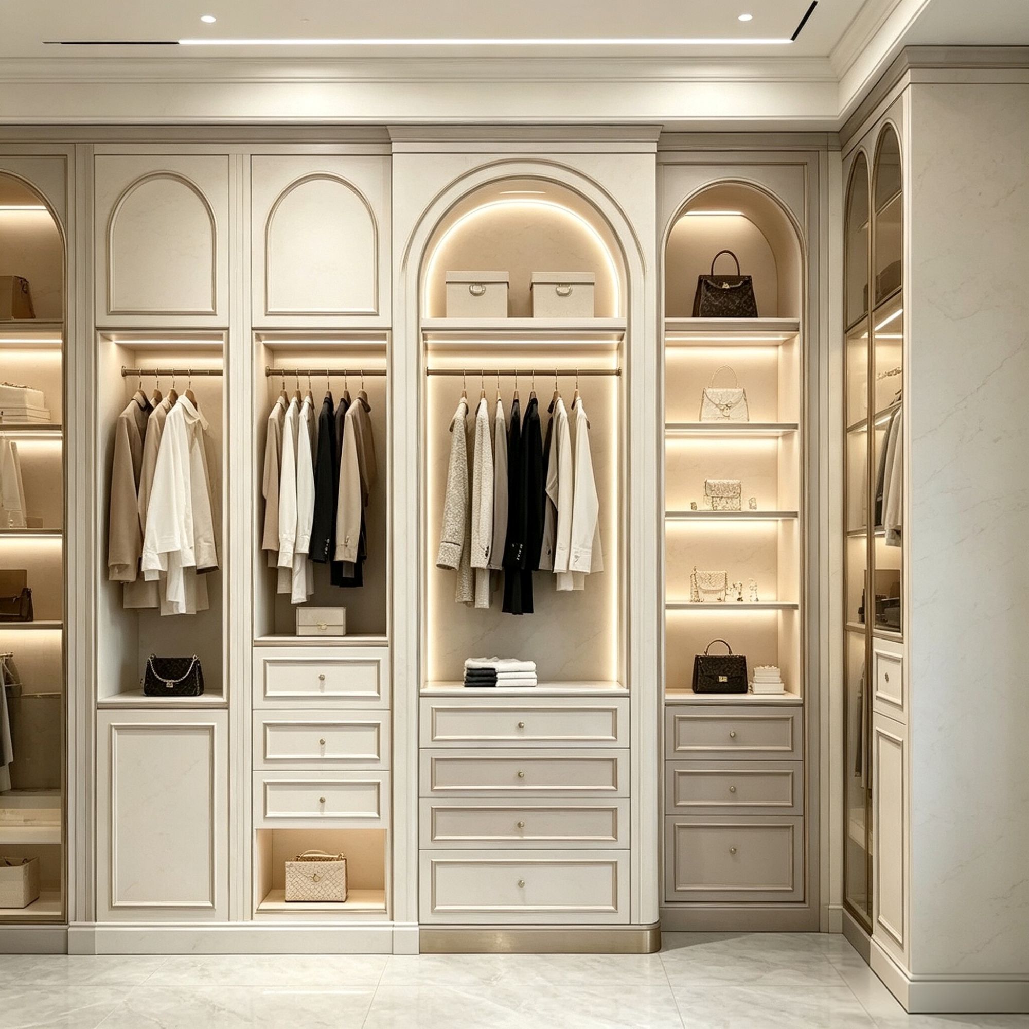 French arched walk in closet with decorative molding