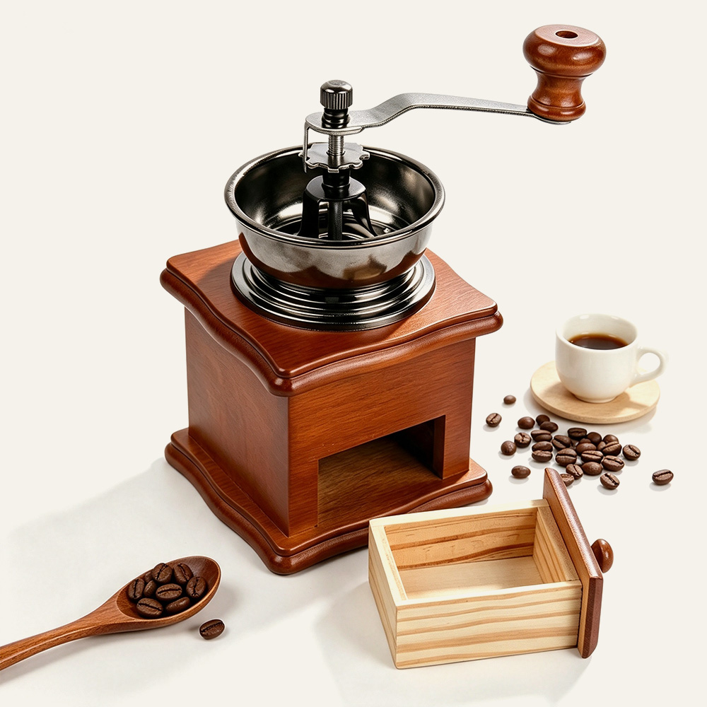 Moulin à café manuel vintage en bois à manivelle, fabricant en gros 4