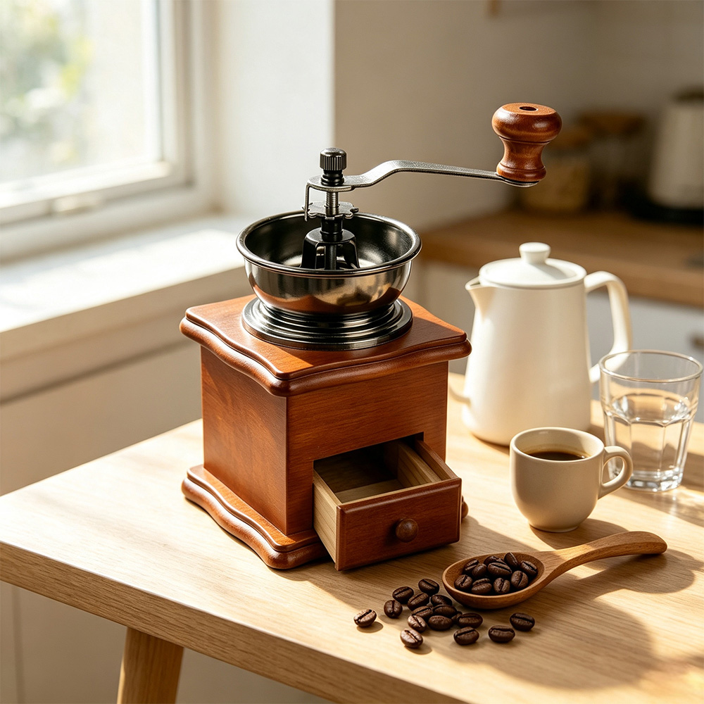 Moulin à café manuel vintage en bois à manivelle, fabricant en gros 7