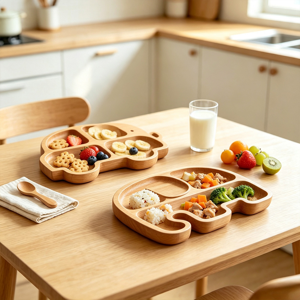 Plato de madera con forma de animalito, bandeja infantil dividida de madera natural, proveedor mayorista 4