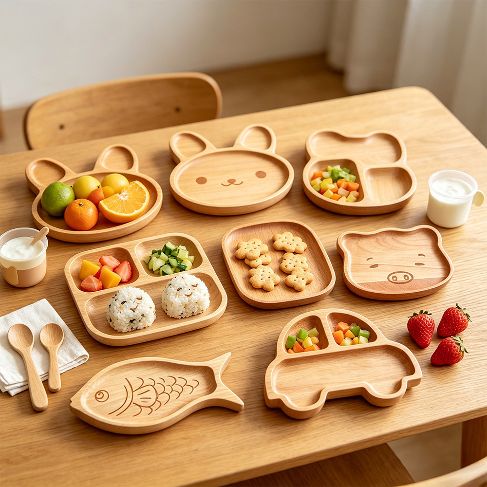 Plato de madera con forma de animalito, bandeja infantil dividida de madera natural, proveedor mayorista 5