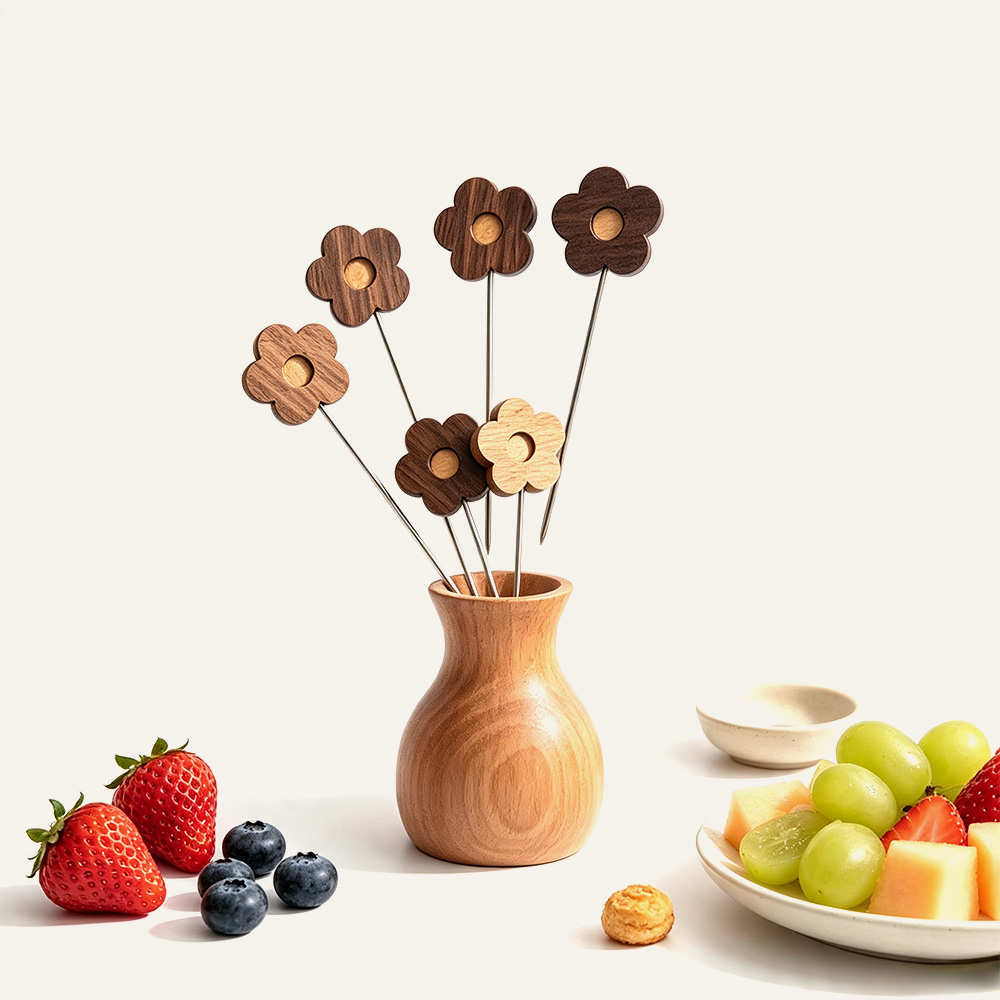 Piques à fruits en bois et en acier inoxydable pour usage quotidien, vente en gros. 3