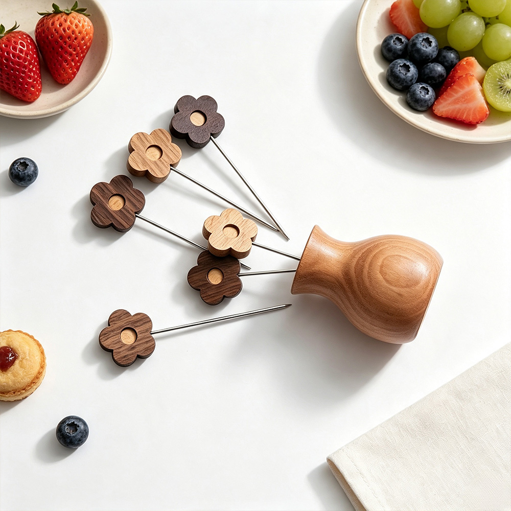 Piques à fruits en bois et en acier inoxydable pour usage quotidien, vente en gros. 4