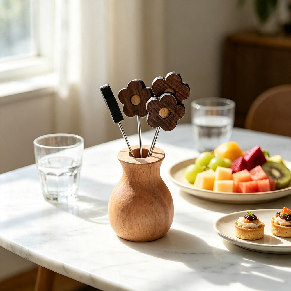 Piques à fruits en bois et en acier inoxydable pour usage quotidien, vente en gros. 5