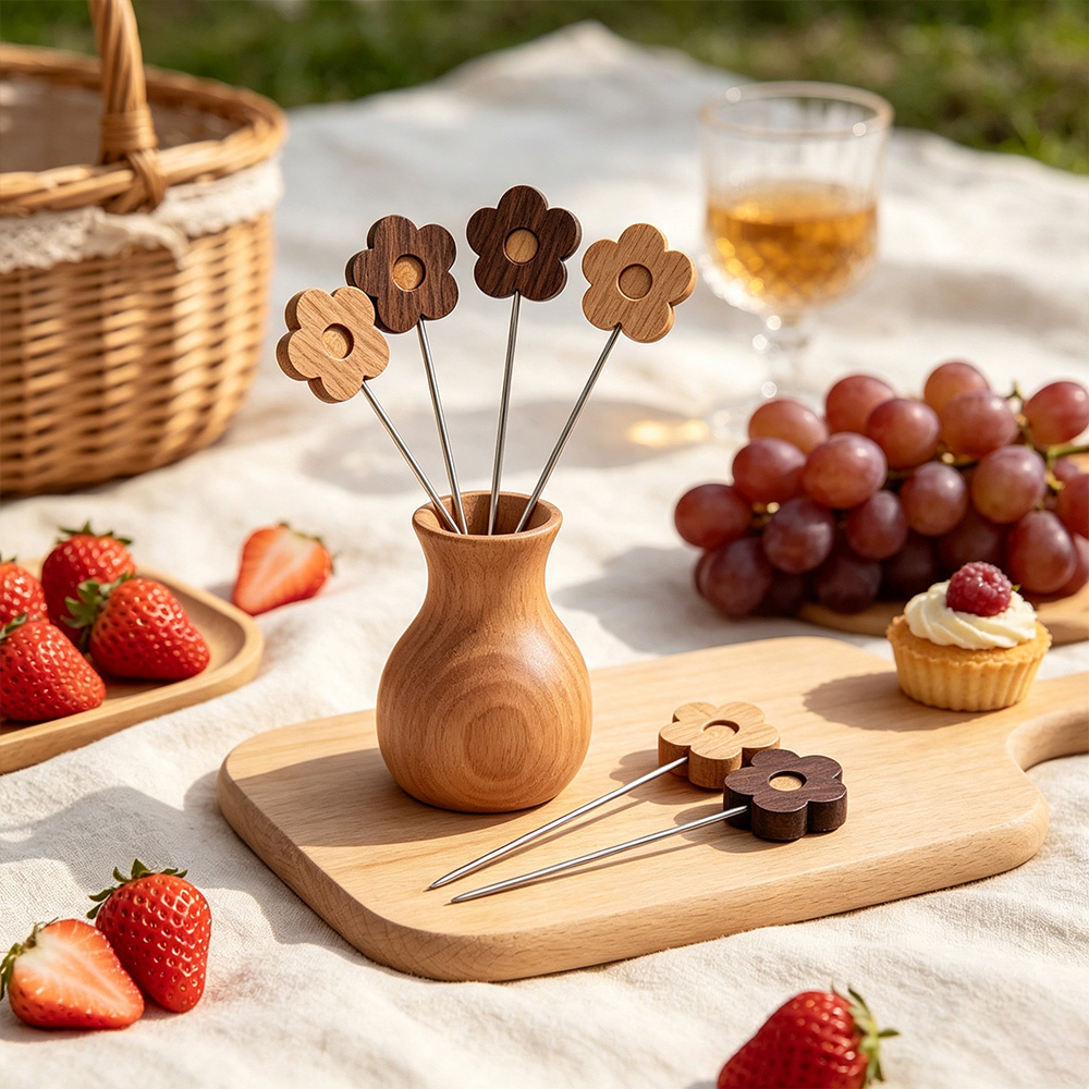Piques à fruits en bois et en acier inoxydable pour usage quotidien, vente en gros. 6