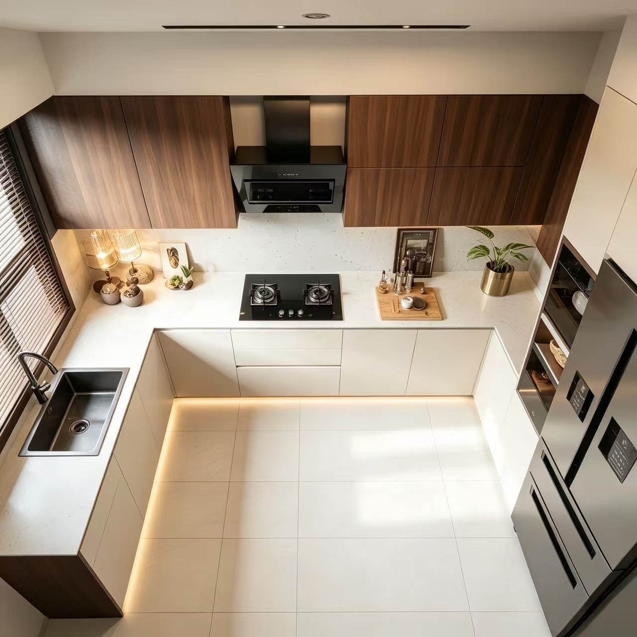 Armários de cozinha modernos em melamina em formato de L e dois tons 3