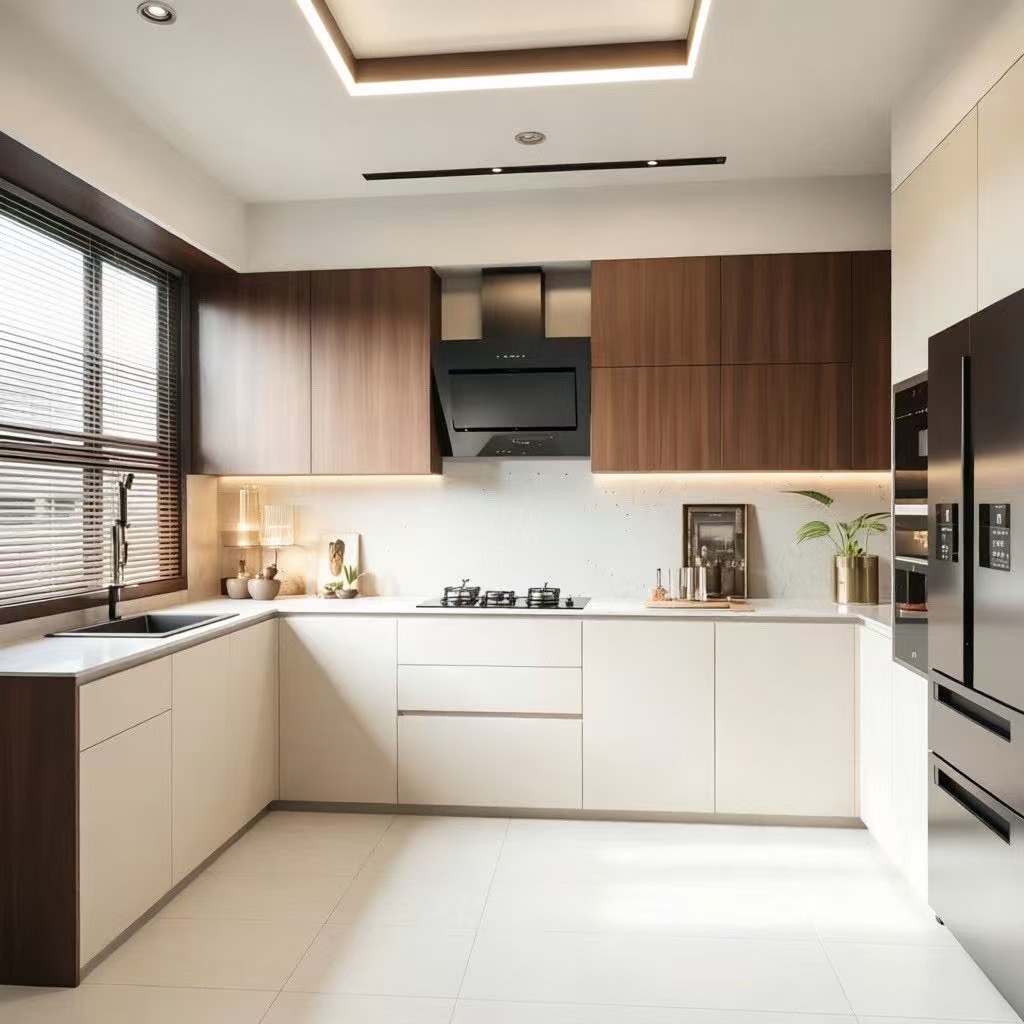 Armários de cozinha modernos em melamina em formato de L e dois tons 2