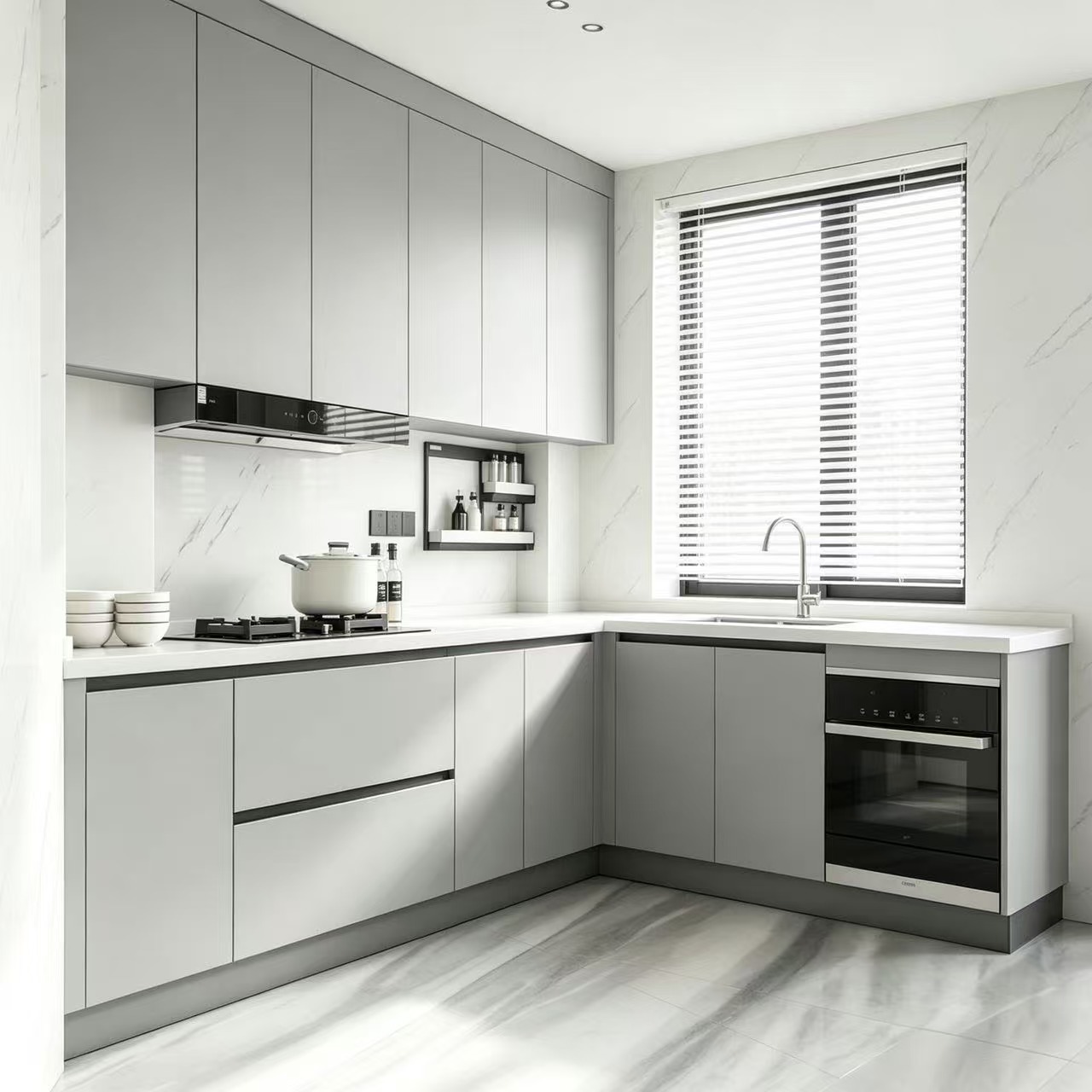 modern melamine gray kitchen cabinet side view